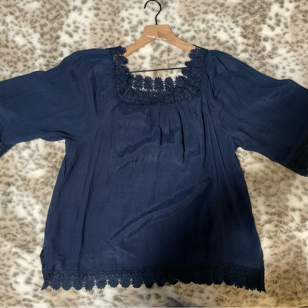 Zac & Rachel Deep Blue Crochet Detail Top